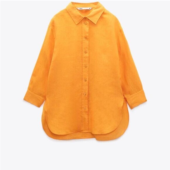 ZARA Linen Orange Button Down Collared Shirt - Picture 2 of 9